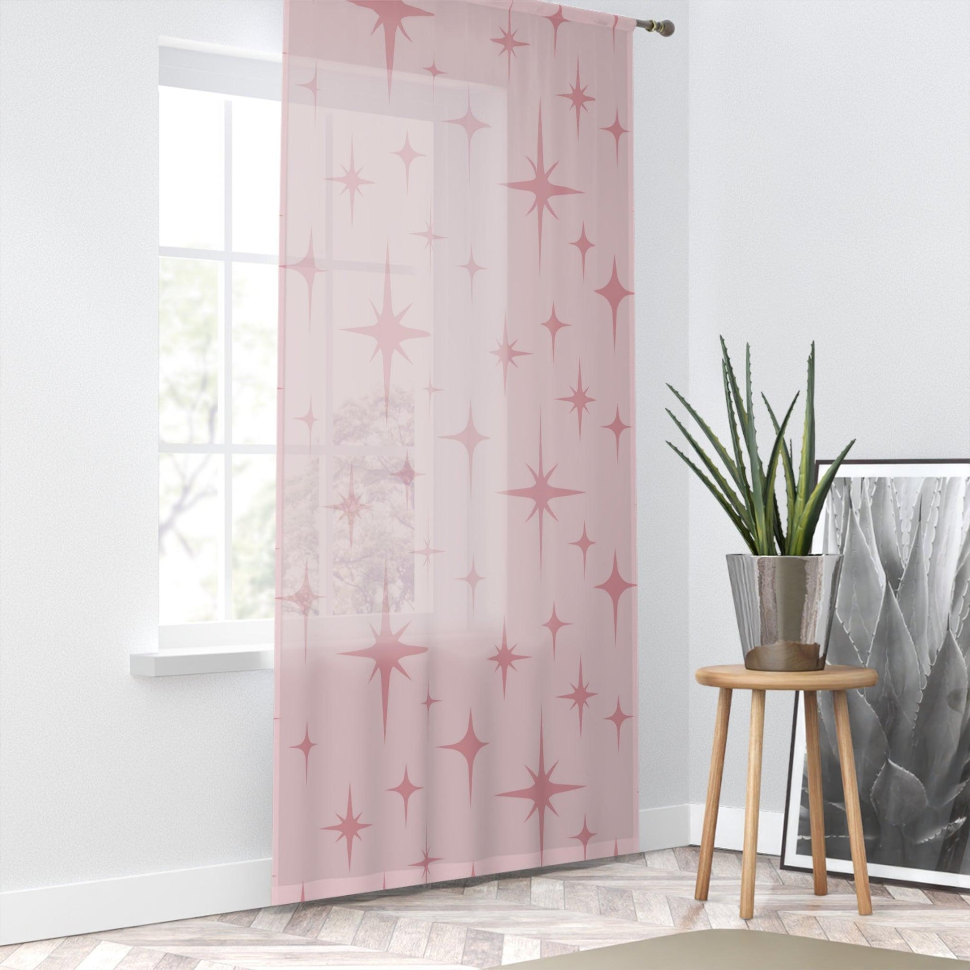 Retro 50s Pink Atomic Starburst Mid Century Modern Sheer Window Curtain | lovevisionkarma.com