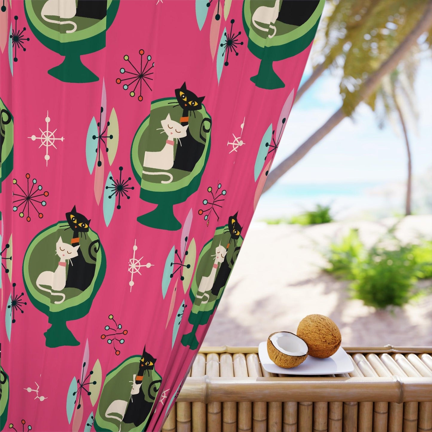 Retro 50s Cat Couple Ball Chair Pink & Green MCM Blackout Window Curtain | lovevisionkarma.com