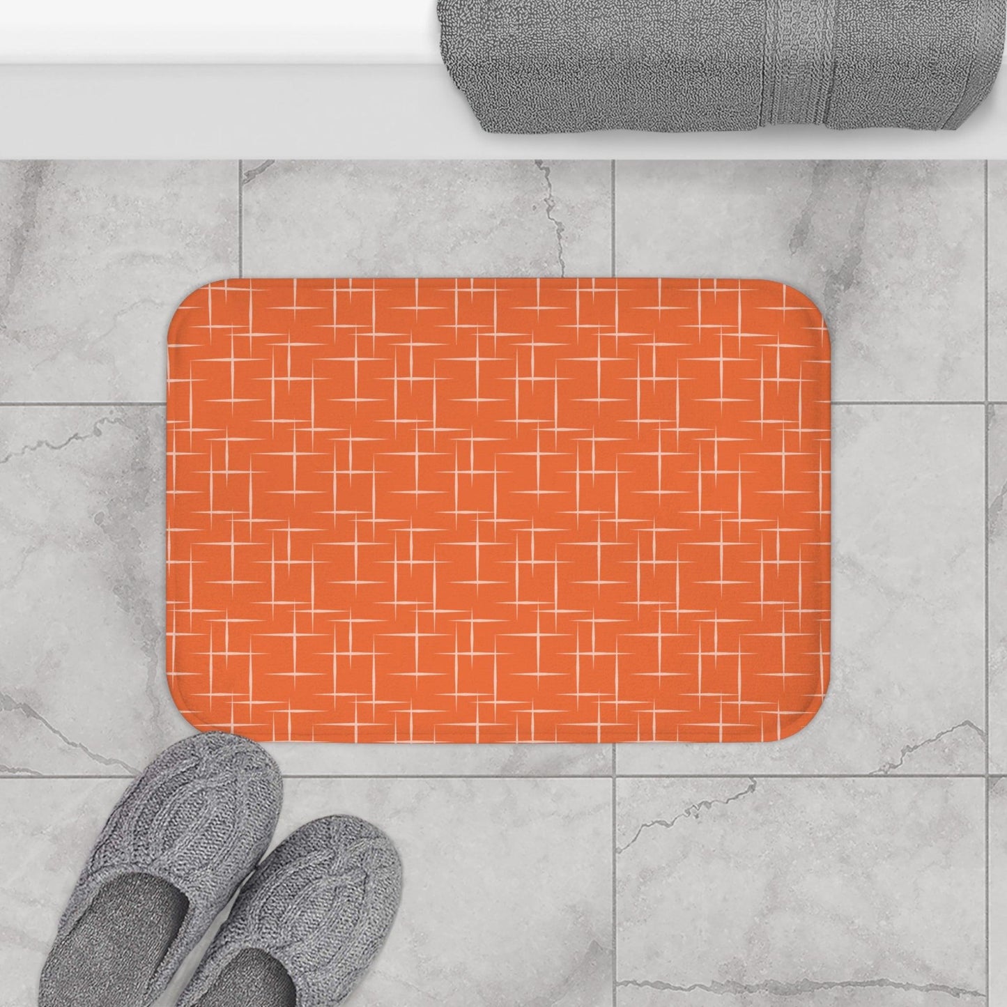 Retro 50s Abstract Lines Mid Century Modern Orange Bath Mat | lovevisionkarma.com