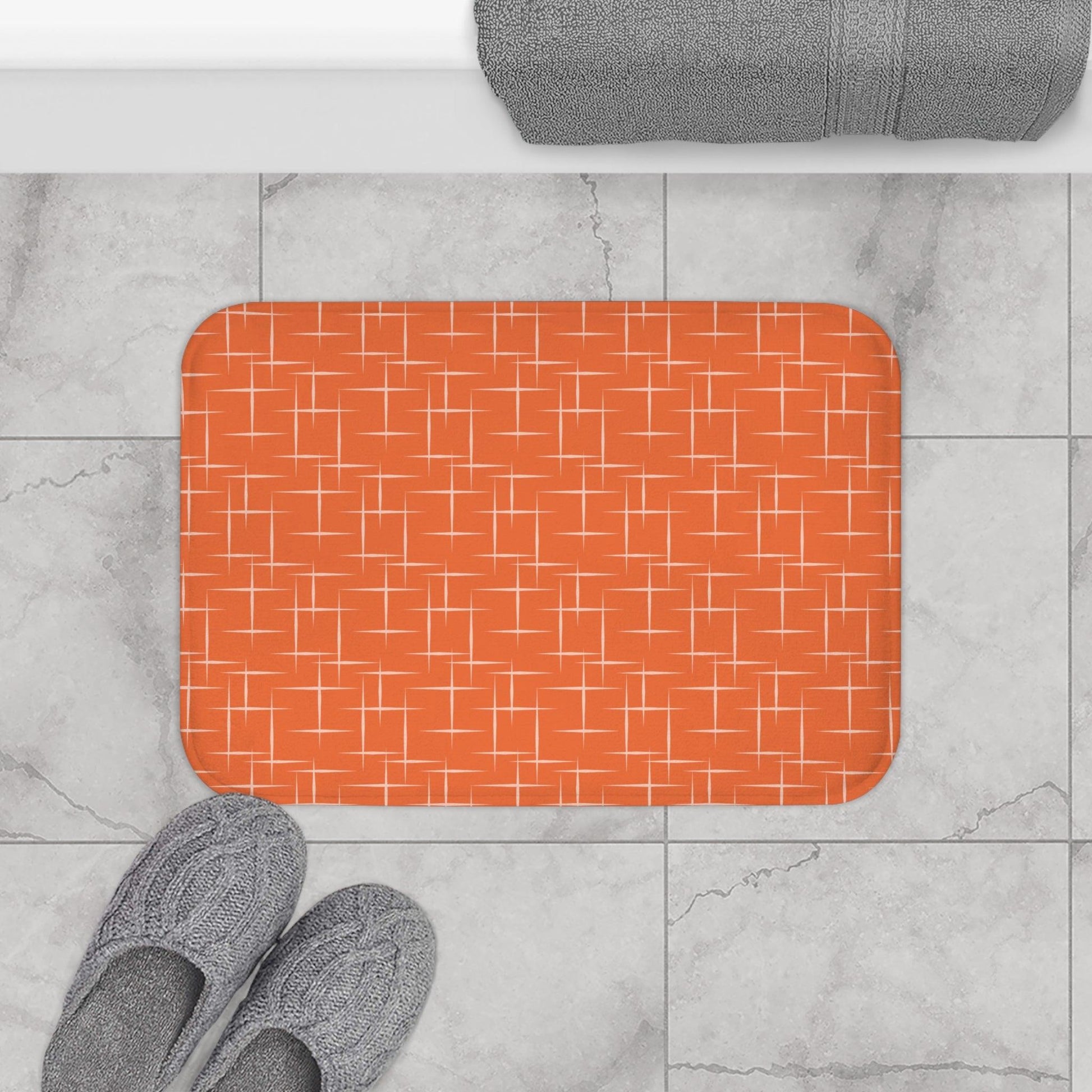 Retro 50s Abstract Lines Mid Century Modern Orange Bath Mat | lovevisionkarma.com