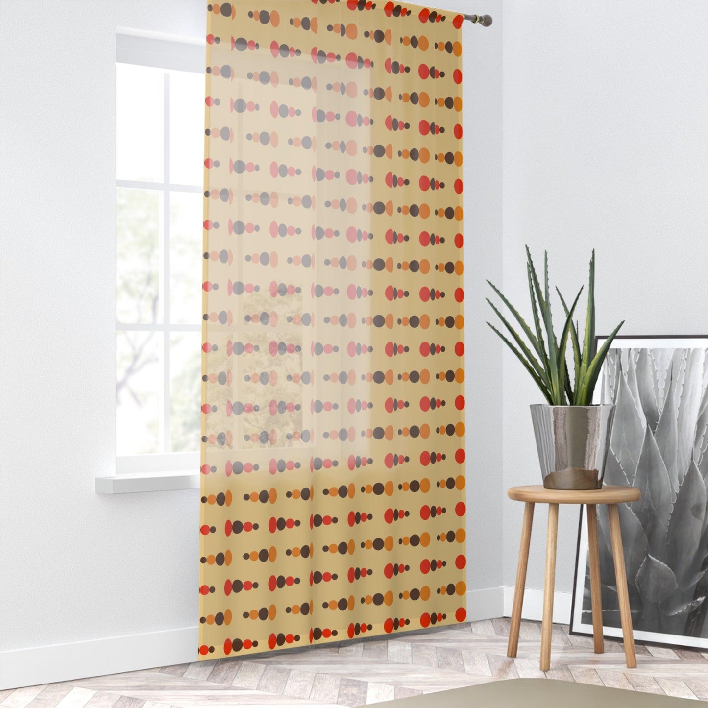 Retro 70's Funky Mid Century Modern Beige, Orange Brown Sheer Window Curtain | lovevisionkarma.com