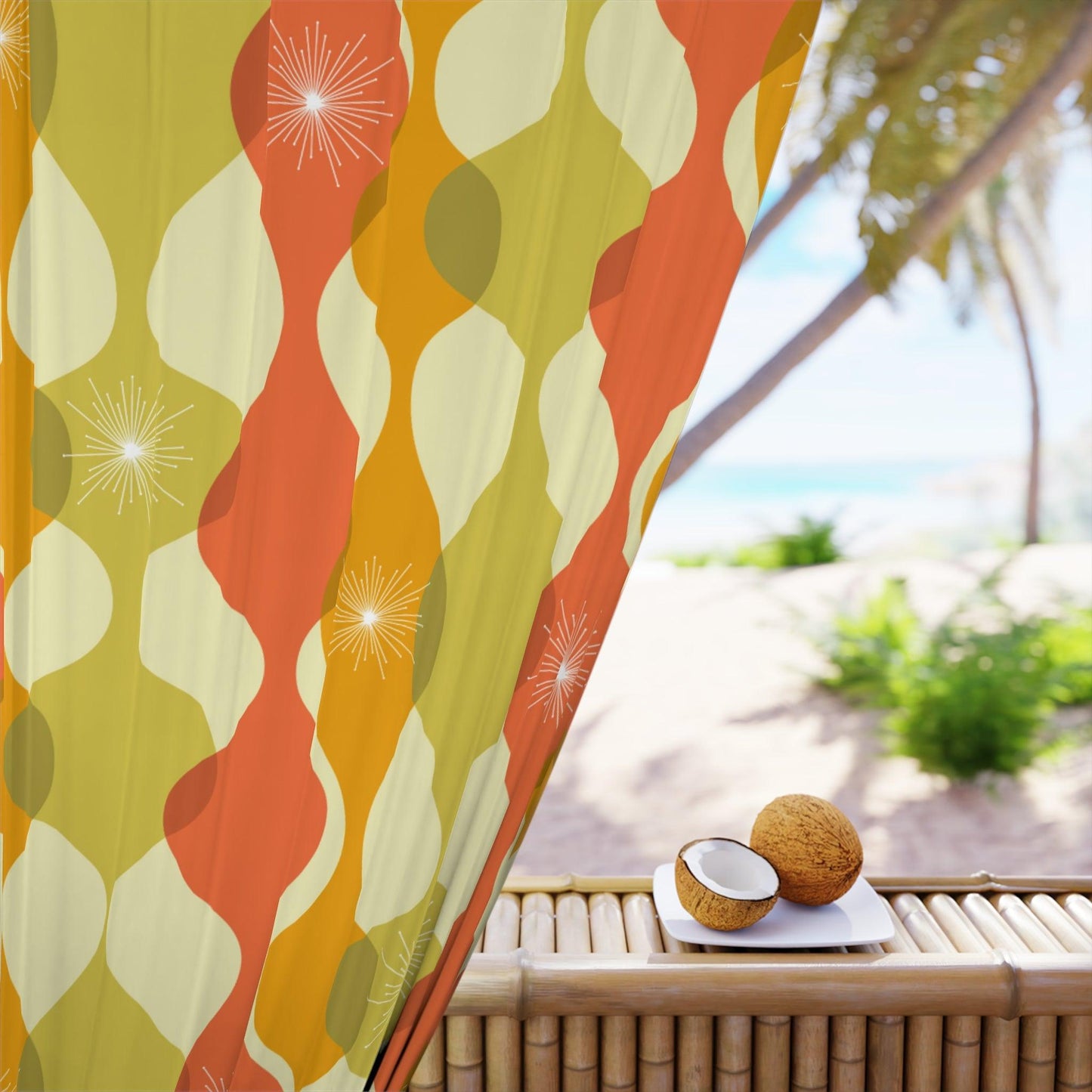 Mid Century Modern Wavy Abstract Orange, Green & Yellow Blackout Window Curtain | lovevisionkarma.com