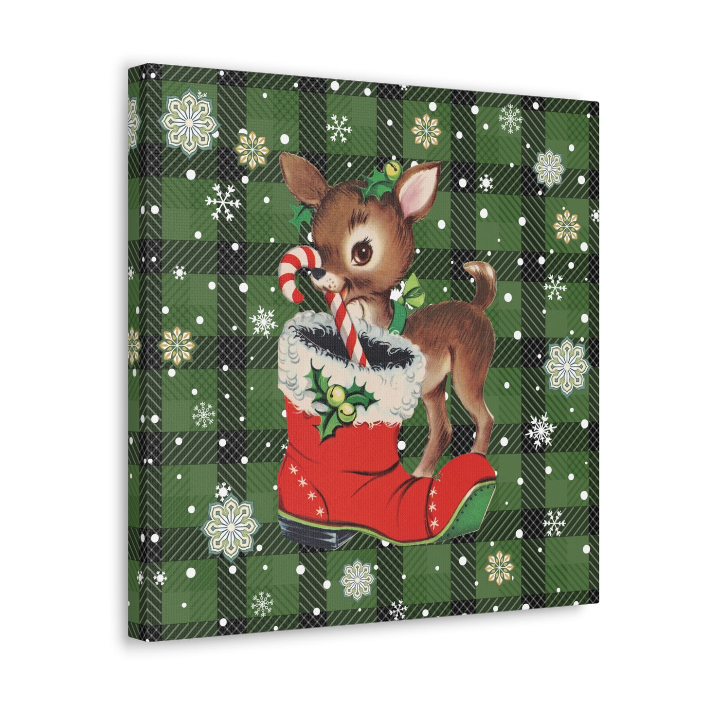 Retro 50s Christmas Vintage Reindeer MCM Green Canvas Gallery Wrap