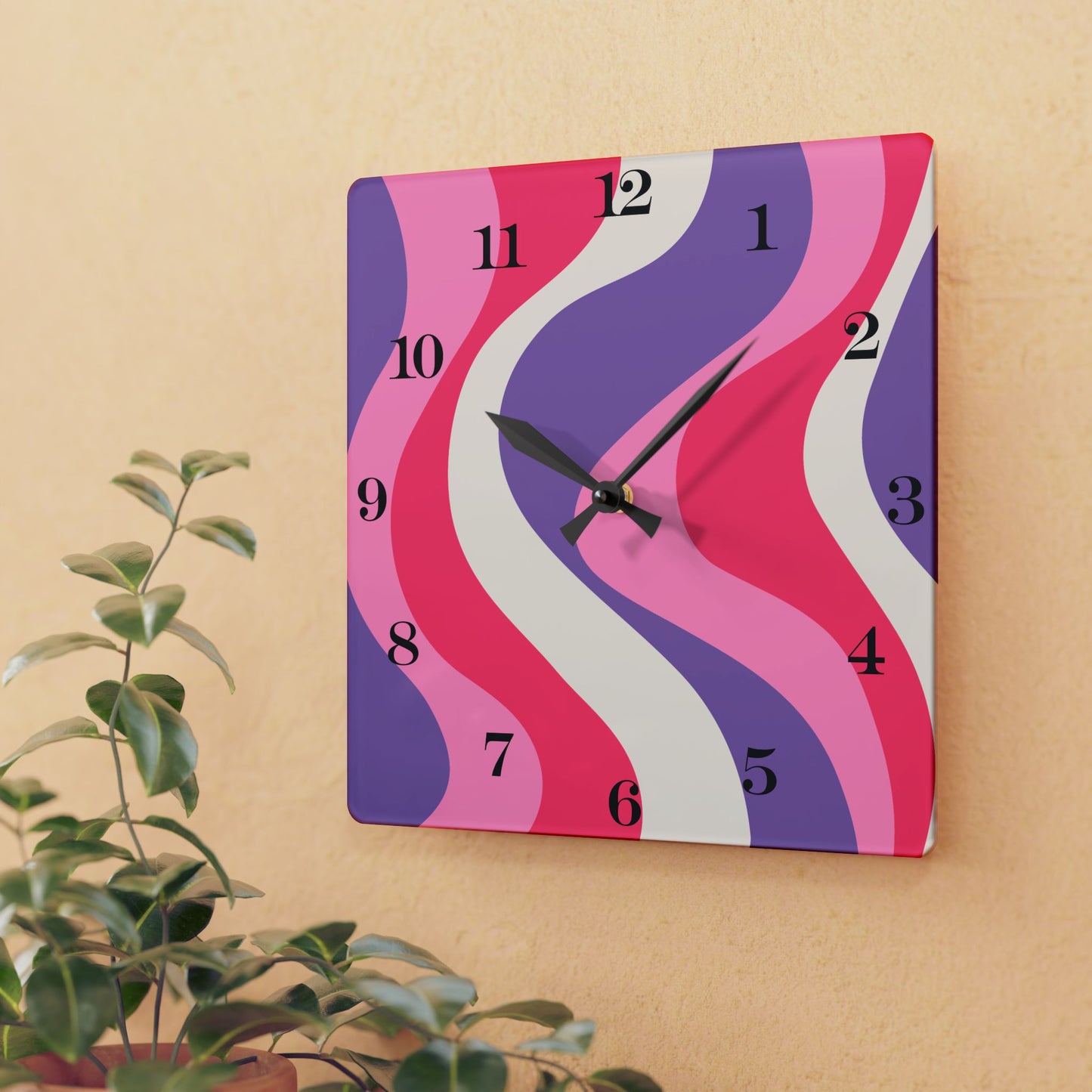 Groovy 60's Hippie Swirl Pink & Purple Mid Century Mod Acrylic Wall Clock