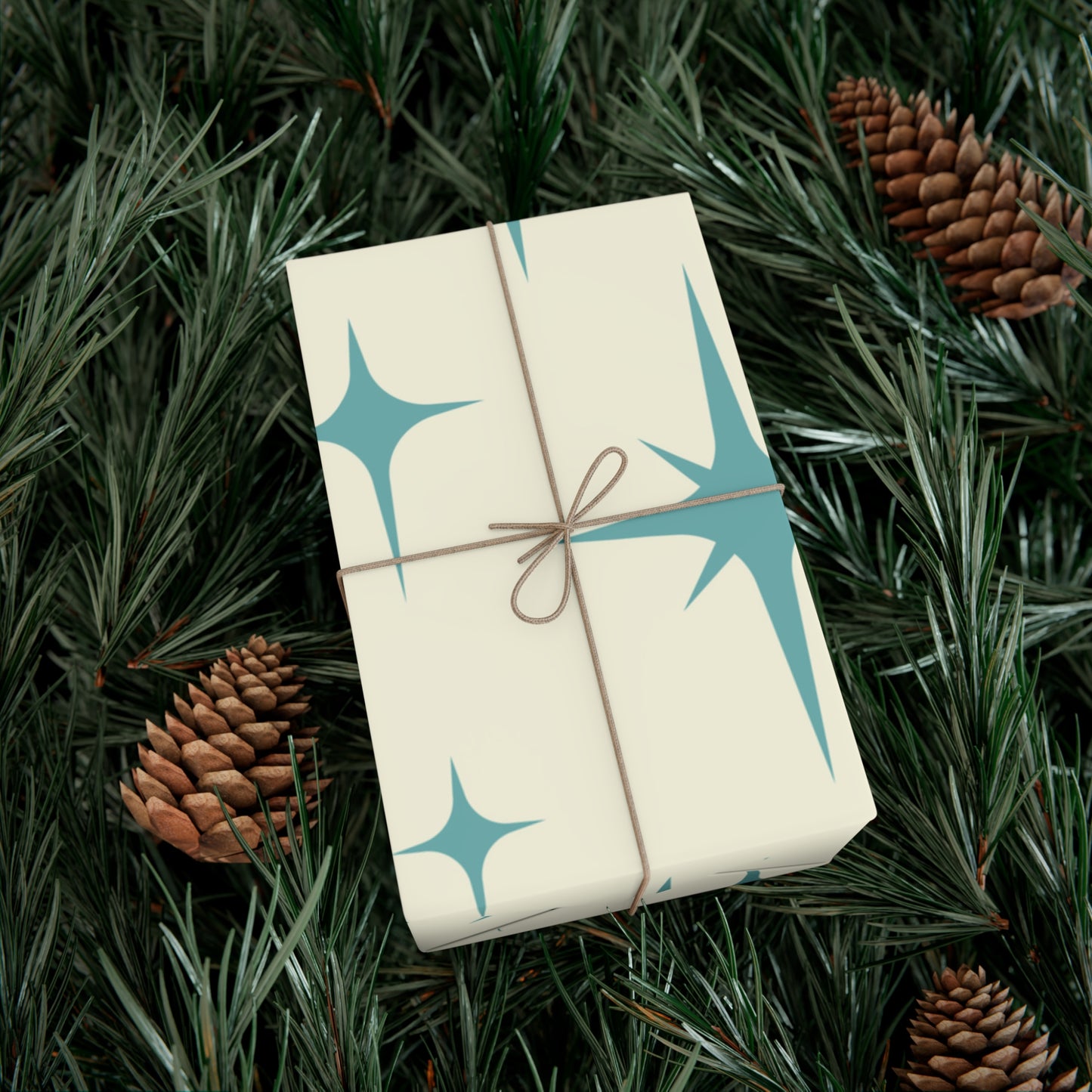 Large Starburst Version of Retro Atomic Starburst MCM Off-White & Blue Gift Wrapping Paper