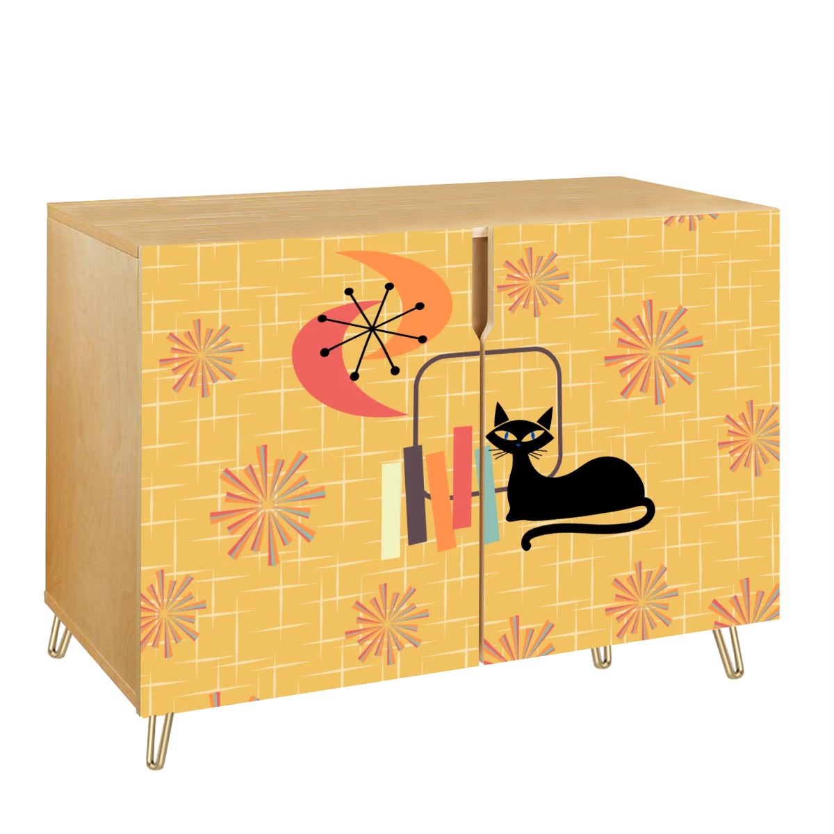 Retro Atomic Cat & 50's Starbursts Yellow Mid Century Modern Sideboard, Credenza, Wooden Storage Cabinet