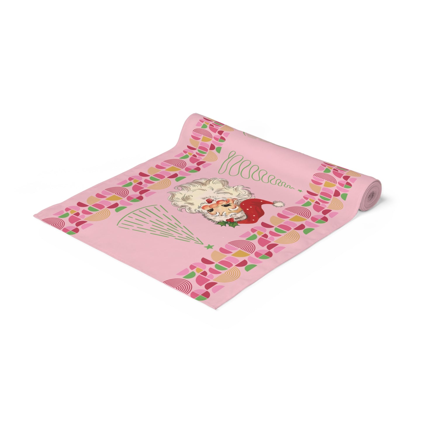Vintage Santa Retro MCM Pink Christmas Table Runner