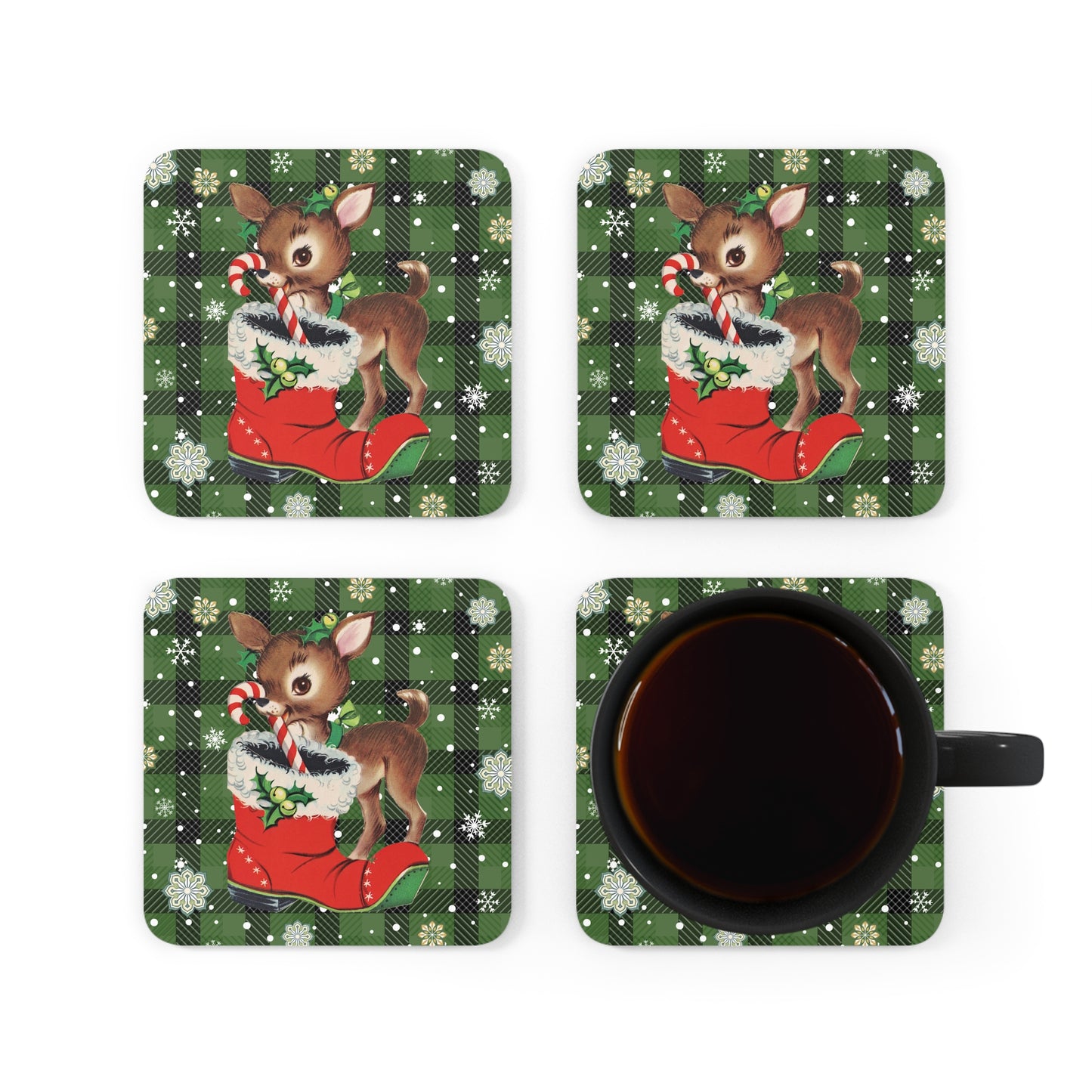Retro 50s Christmas Vintage Reindeer MCM Green Coaster Set
