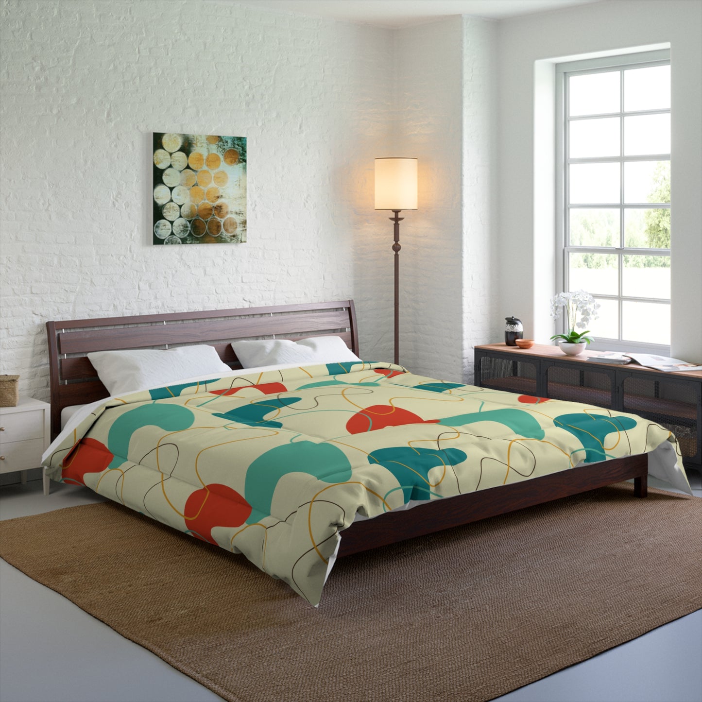 Retro 50's Atomic Boomerang Mid Century Mod Blue, Orange & Cream Comforter