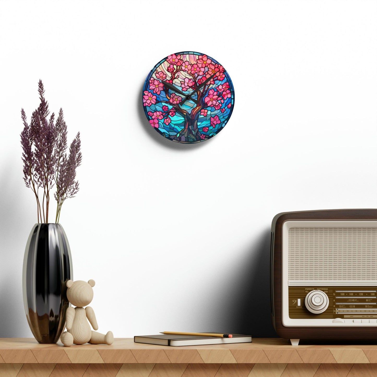 Cherry Blossom Tree Stained Glass Inspired, Sakura Pink & Blue Acrylic Wall Clock | lovevisionkarma.com