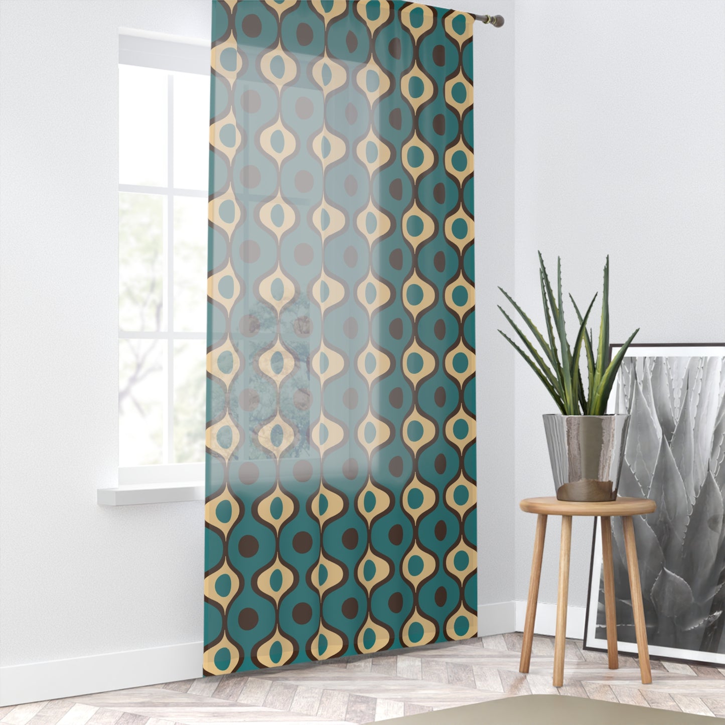 Retro 60s 70s Mid Century Mod Funky Geometric Blue, Cream & Brown Sheer Window Curtain