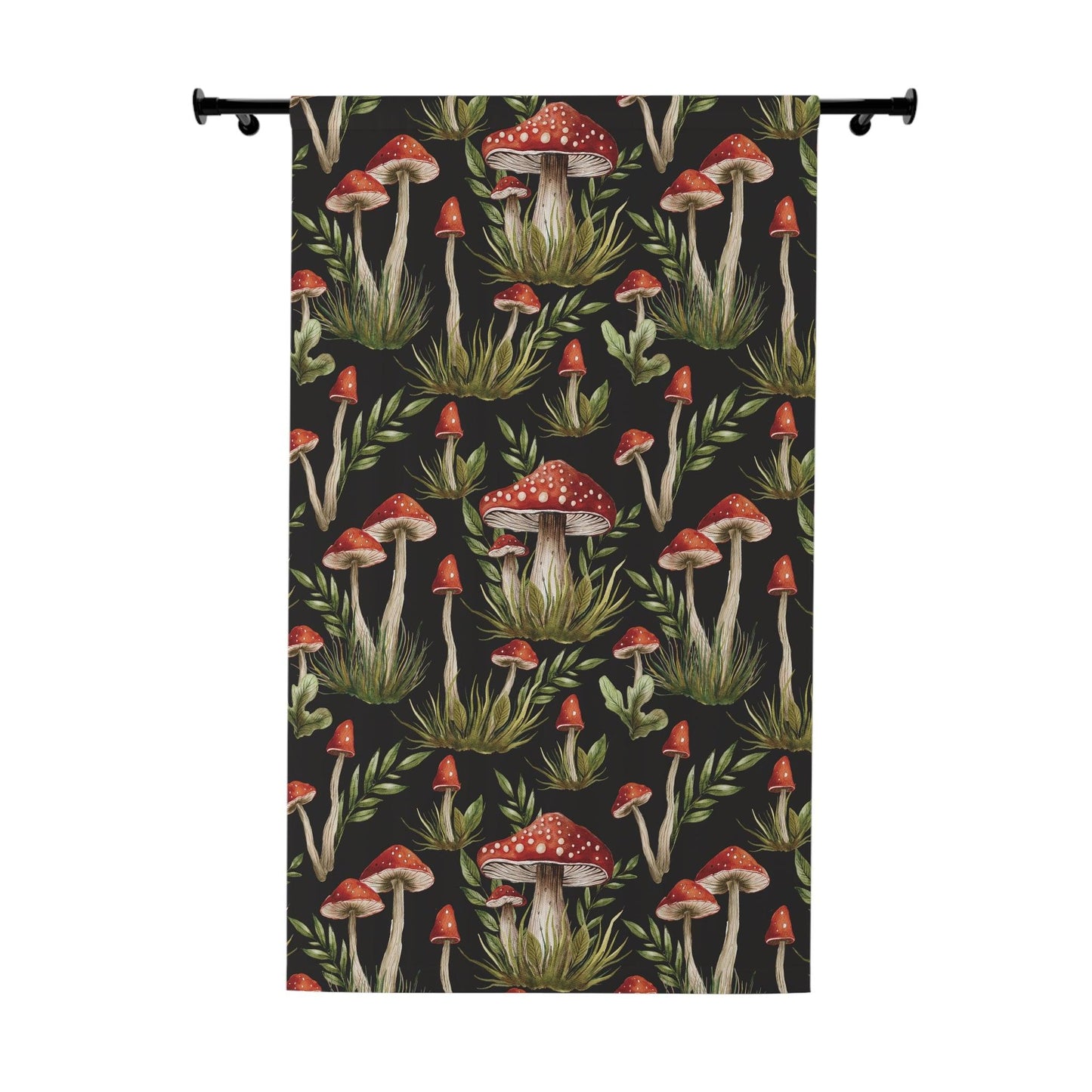 Amanita Muscaria Mushroom, Dark Cottagecore Watercolor Black, Red & Green Blackout Curtain Panel | lovevisionkarma.com