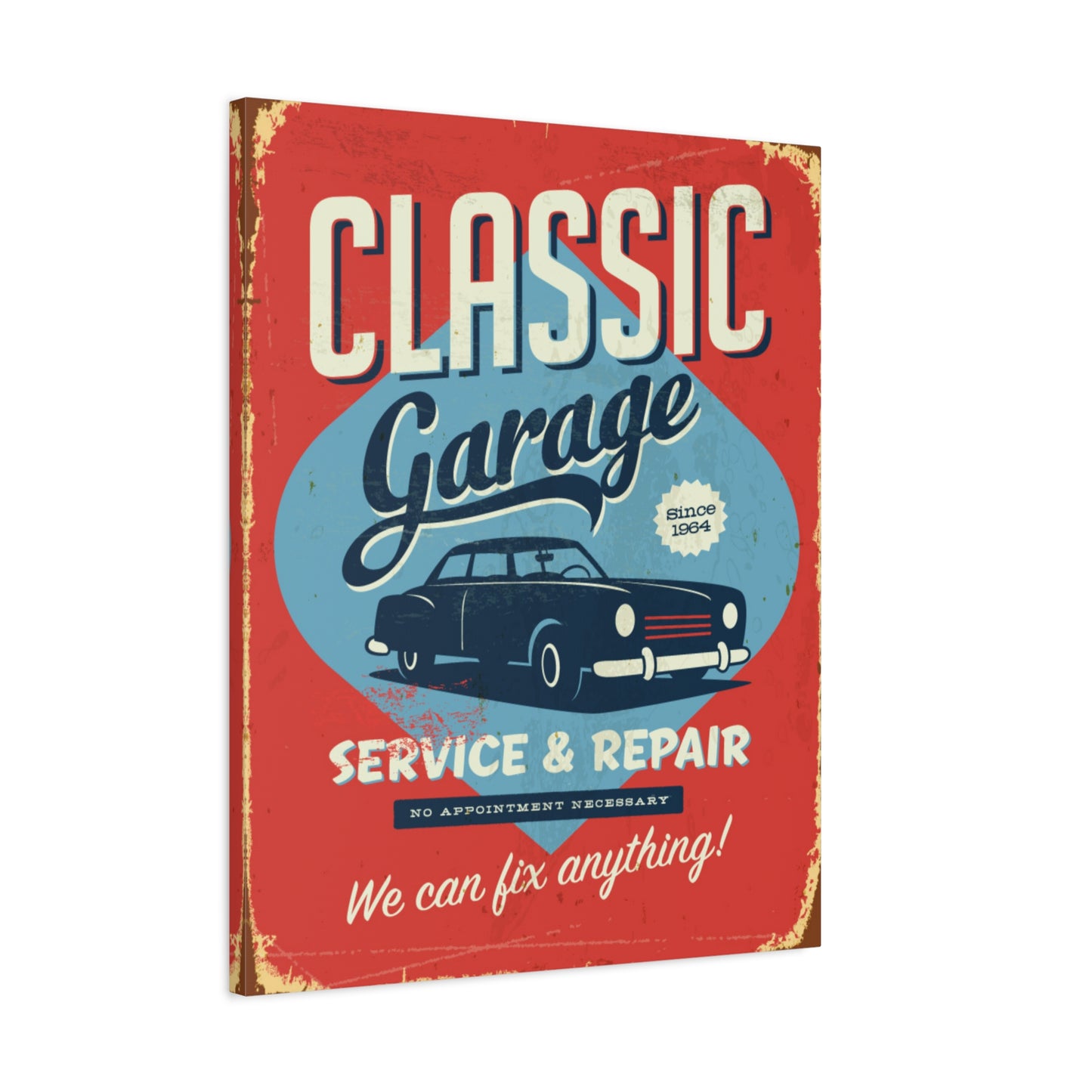 Retro 1950's Classic Car Garage Sign Mid Century Modern Orange & Blue Canvas Wall Art