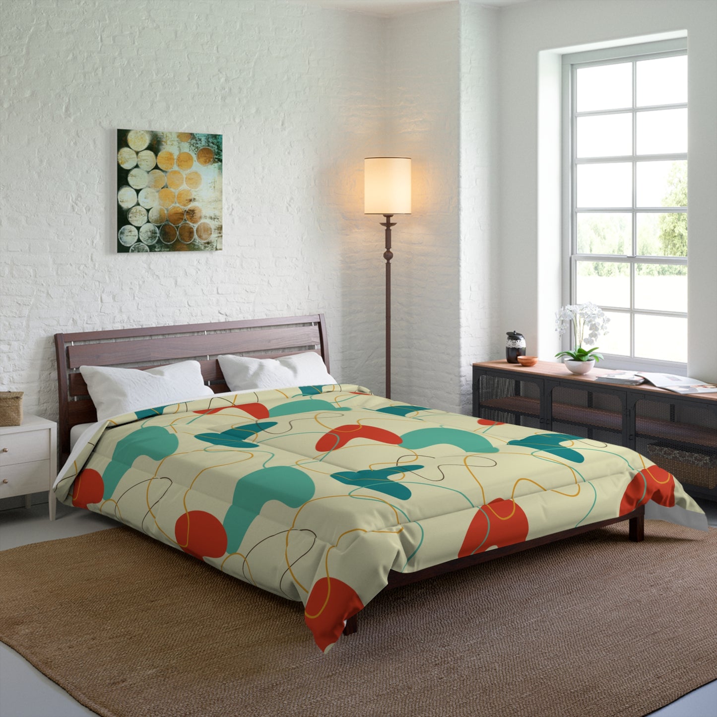 Retro 50's Atomic Boomerang Mid Century Mod Blue, Orange & Cream Comforter