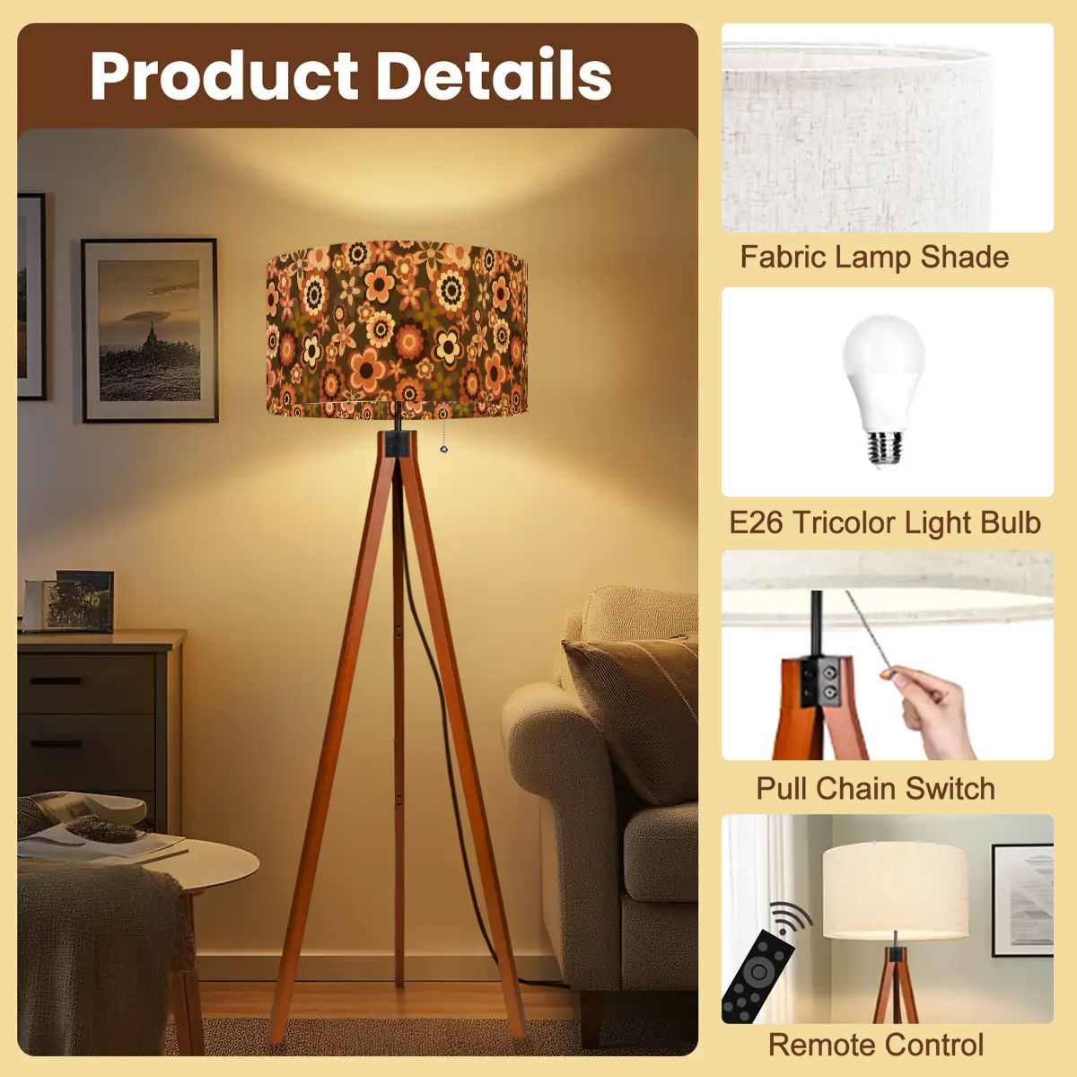 Retro 60s 70s Groovy Flowers Boho MCM Brown Tripod Floor Lamp