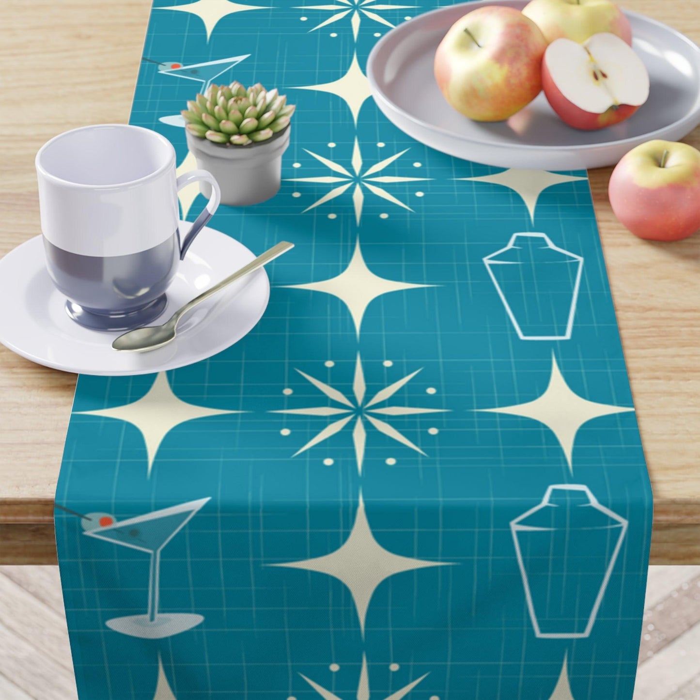 Atomic Mid Century Mod Table Runner - Starburst & Martini Blue Retro Table Linens | lovevisionkarma.com