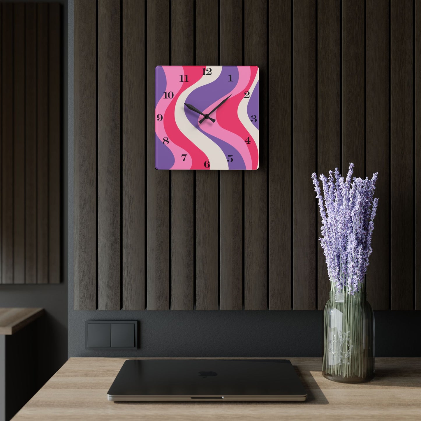Groovy 60's Hippie Swirl Pink & Purple Mid Century Mod Acrylic Wall Clock