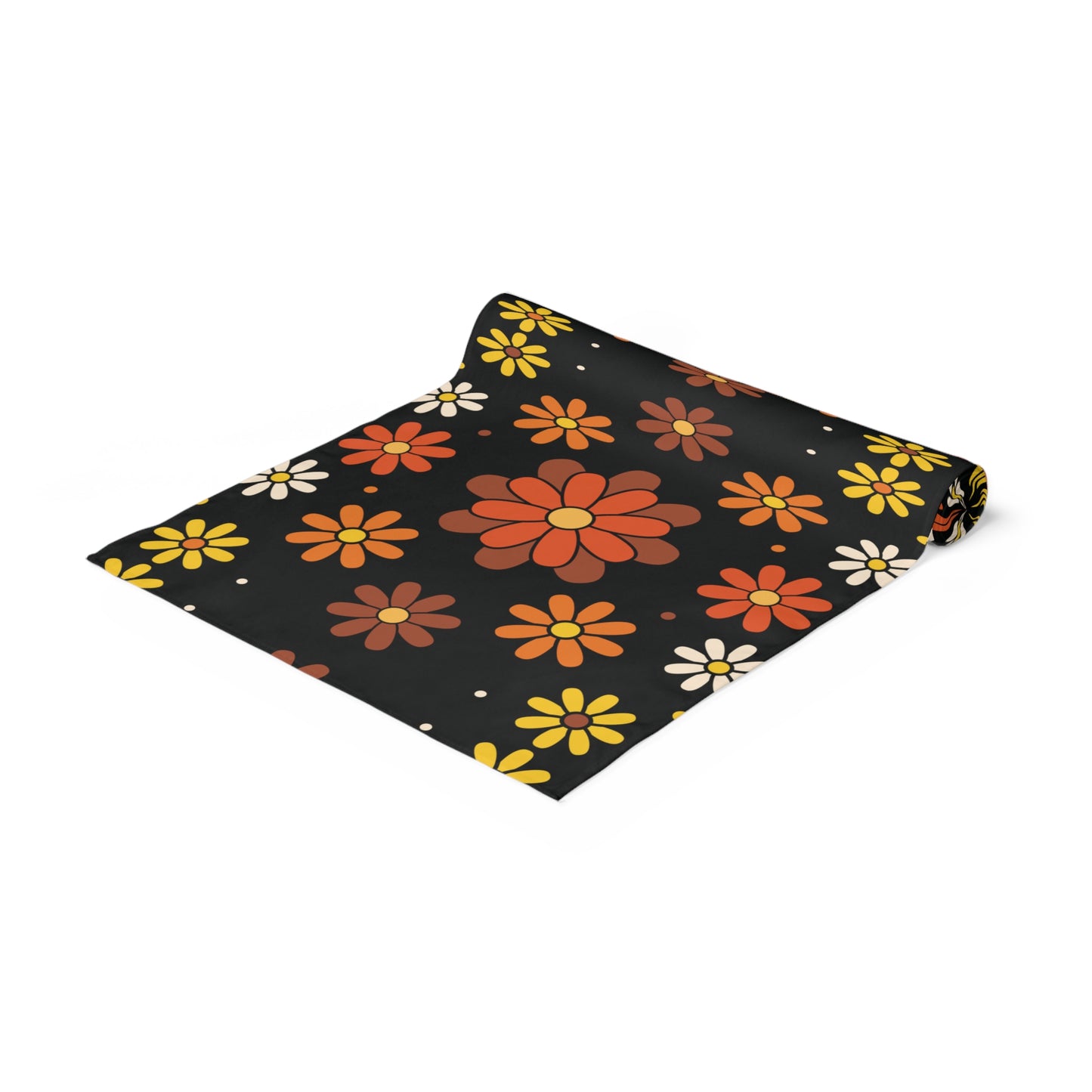Retro 60s 70s Groovy Mod Daisy Floral Mid Century Black, Brown & Orange Table Runner