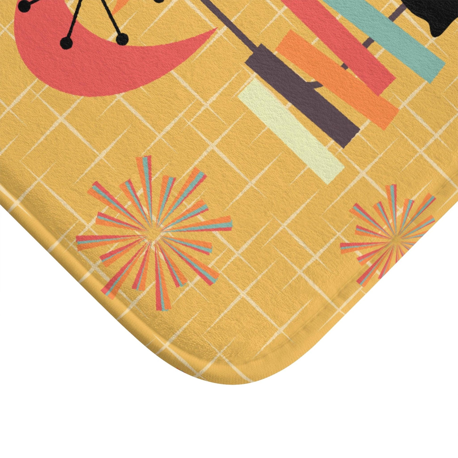 Retro Atomic Cat and Starbursts Mid Century Modern Yellow Bath Mat | lovevisionkarma.com