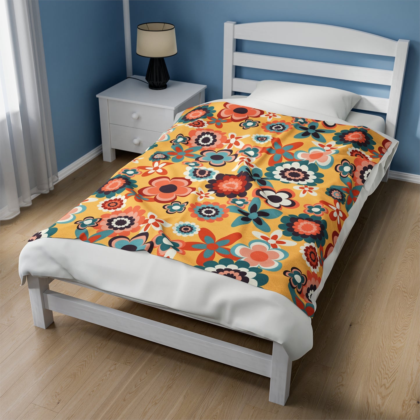 Retro 60s 70s Groovy Flowers Boho MCM Yellow, Coral & Blue Velveteen Lightweight Blanket