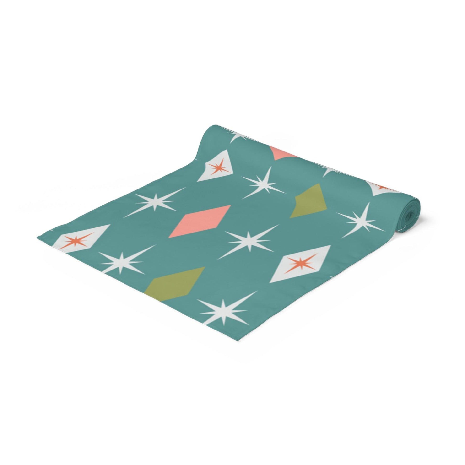 Retro Atomic Bursts & Diamonds MCM Teal, Pink & Green Table Runner | lovevisionkarma.com