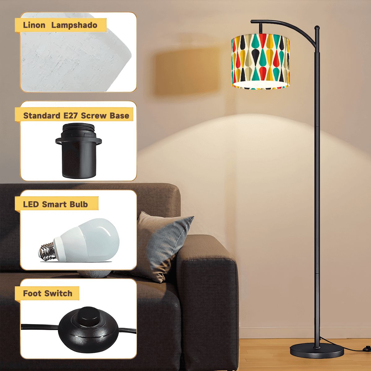 Retro 50s Mid Century Mod Bold Geometric Multicolor Arc Floor Lamp
