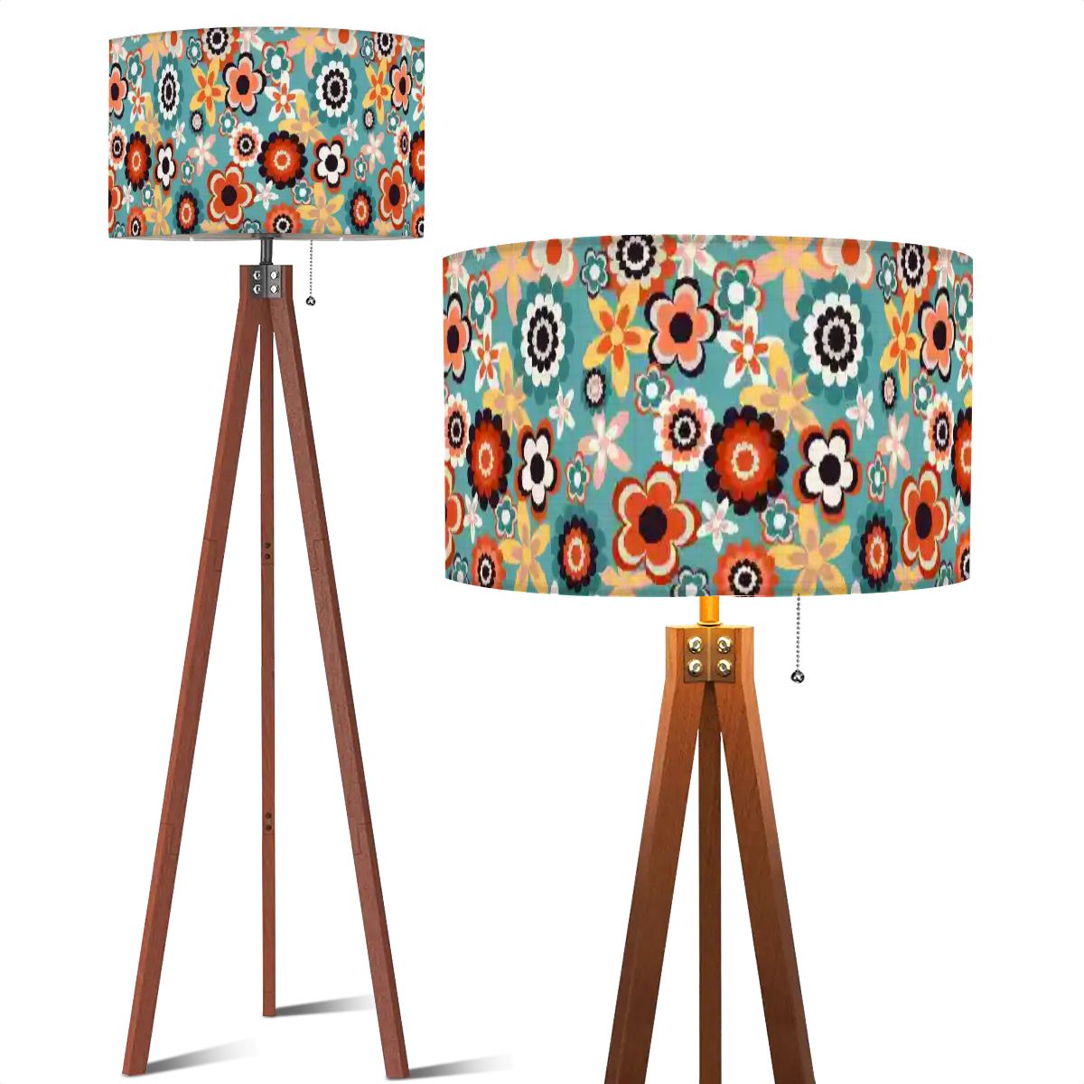 Retro 60s 70s Groovy Flowers Boho MCM Blue, Coral & Yellow Tripod Floor Lamp
