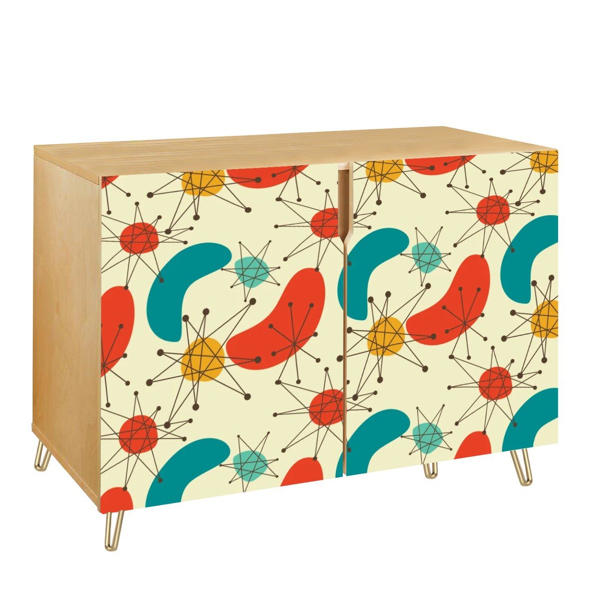 Retro 50s 60s Atomic Burst and Boomerang Mid Century Mod Blue & Orange Sideboard, Credenza, Wooden Storage Cabinet
