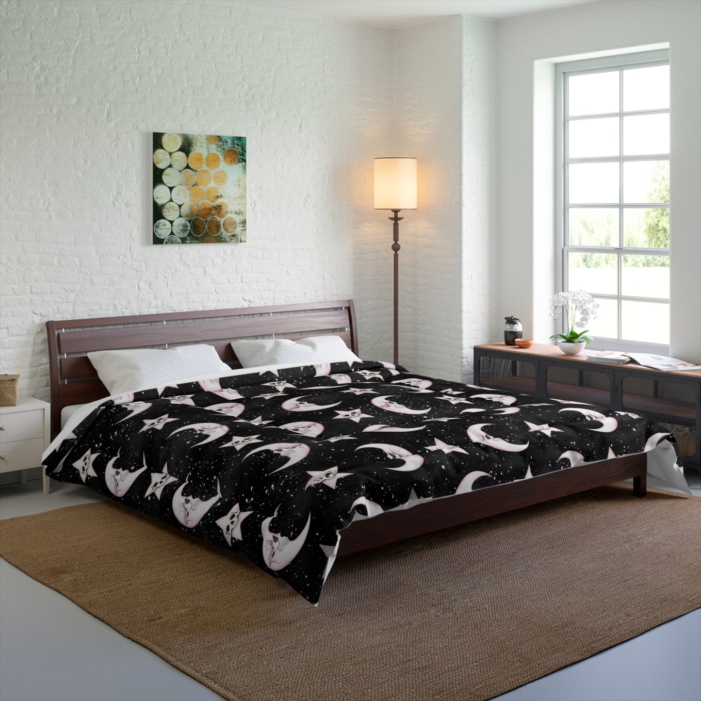 Celestial Macabre Moons and Skeletal Stars Kawaii Whimsigoth Glam Goth Black Comforter