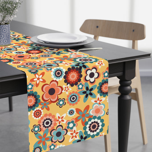 Retro 60s 70s Groovy Flowers Boho Mid Century Mod Yellow, Coral & Blue Table Runner