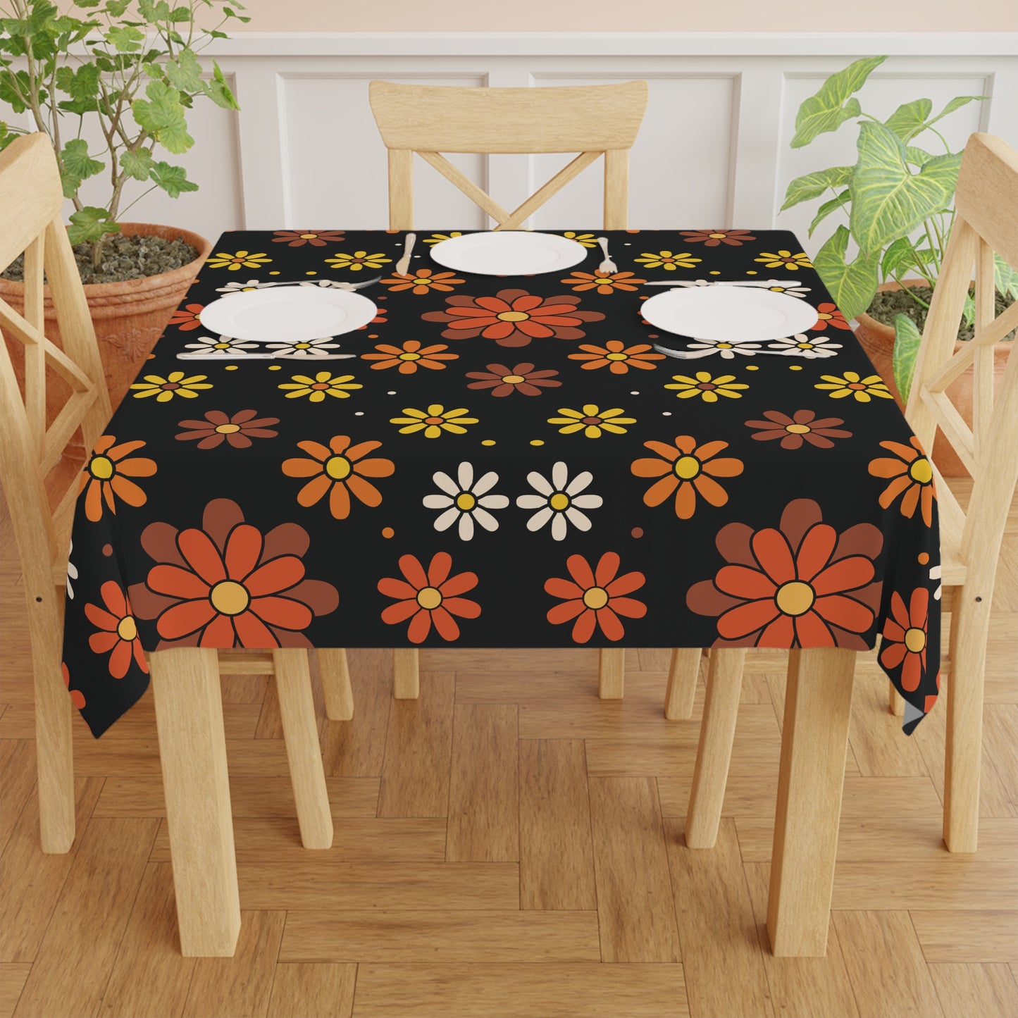 Retro 60s 70s Groovy Mod Daisy Floral Mid Century Black, Brown & Orange Tablecloth
