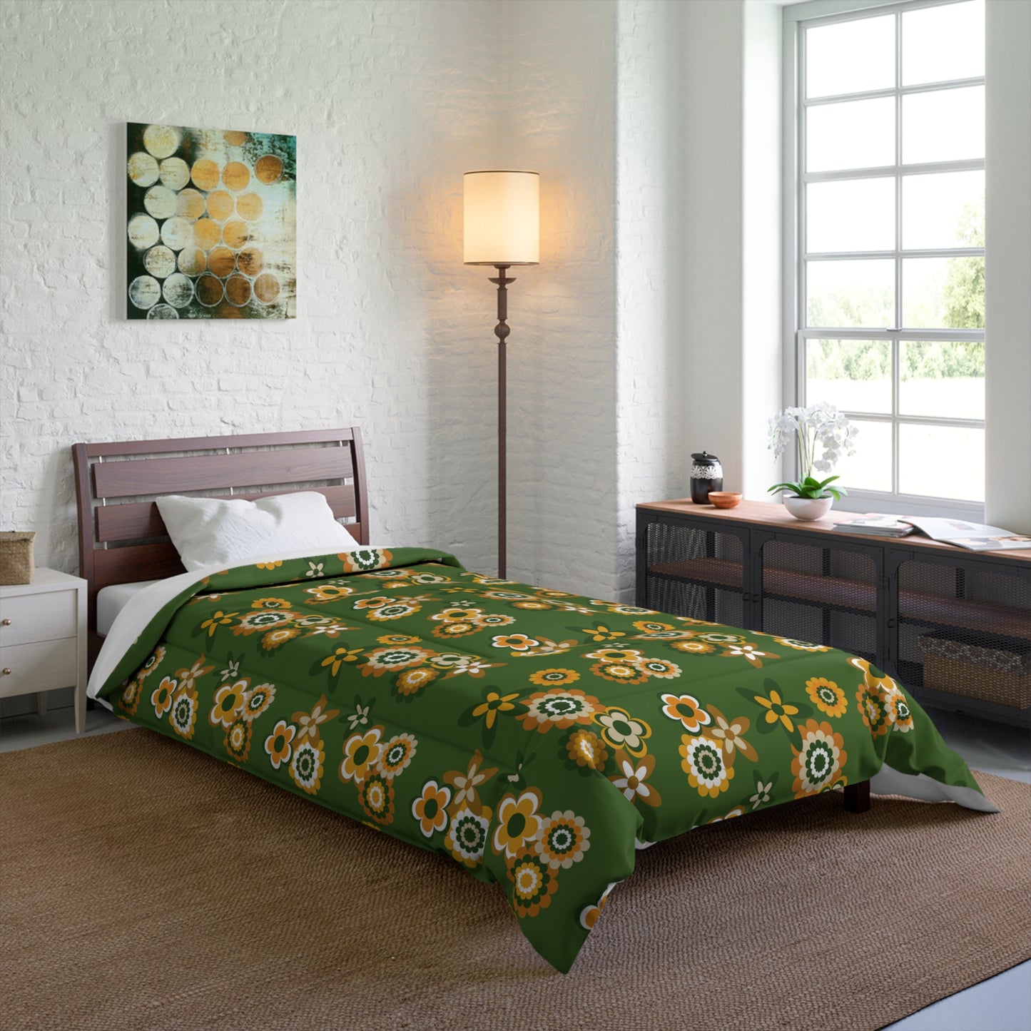 Retro 60s 70s Groovy Flowers Mid Century Mod Mustard & Green Comforter