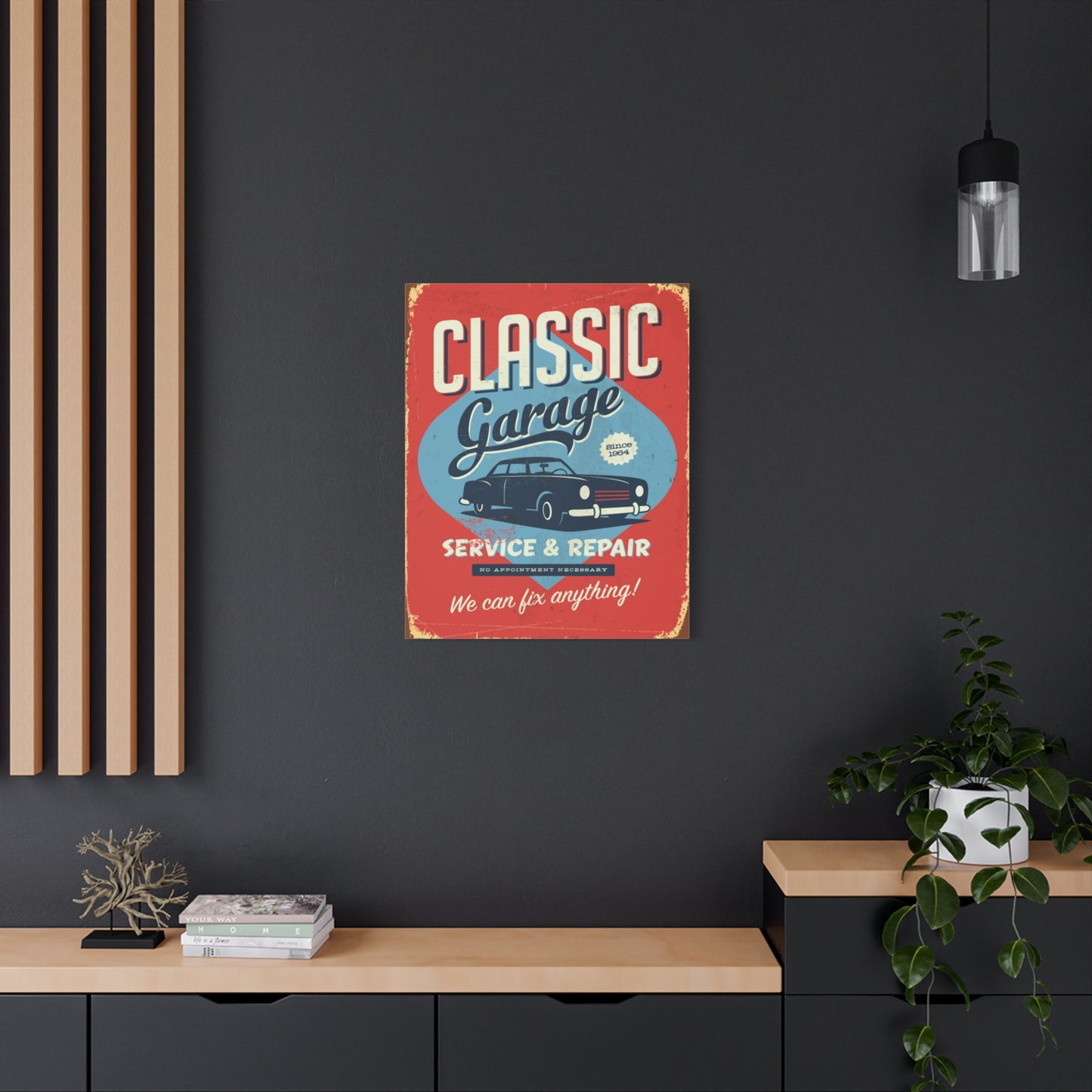 Retro 1950's Classic Car Garage Sign Mid Century Modern Orange & Blue Canvas Wall Art