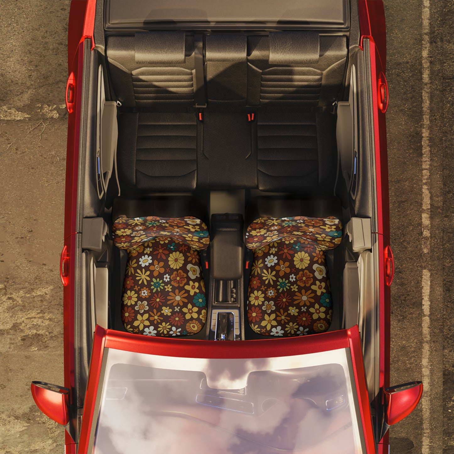 Retro Groovy Flowers Mid Century Modern 60s 70s Brown Car Seat Covers
