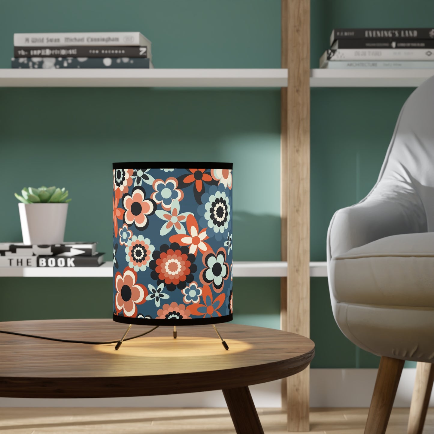Retro 60s 70s Groovy Flowers Mid Century Mod Coral & Blue Tripod Accent Lamp