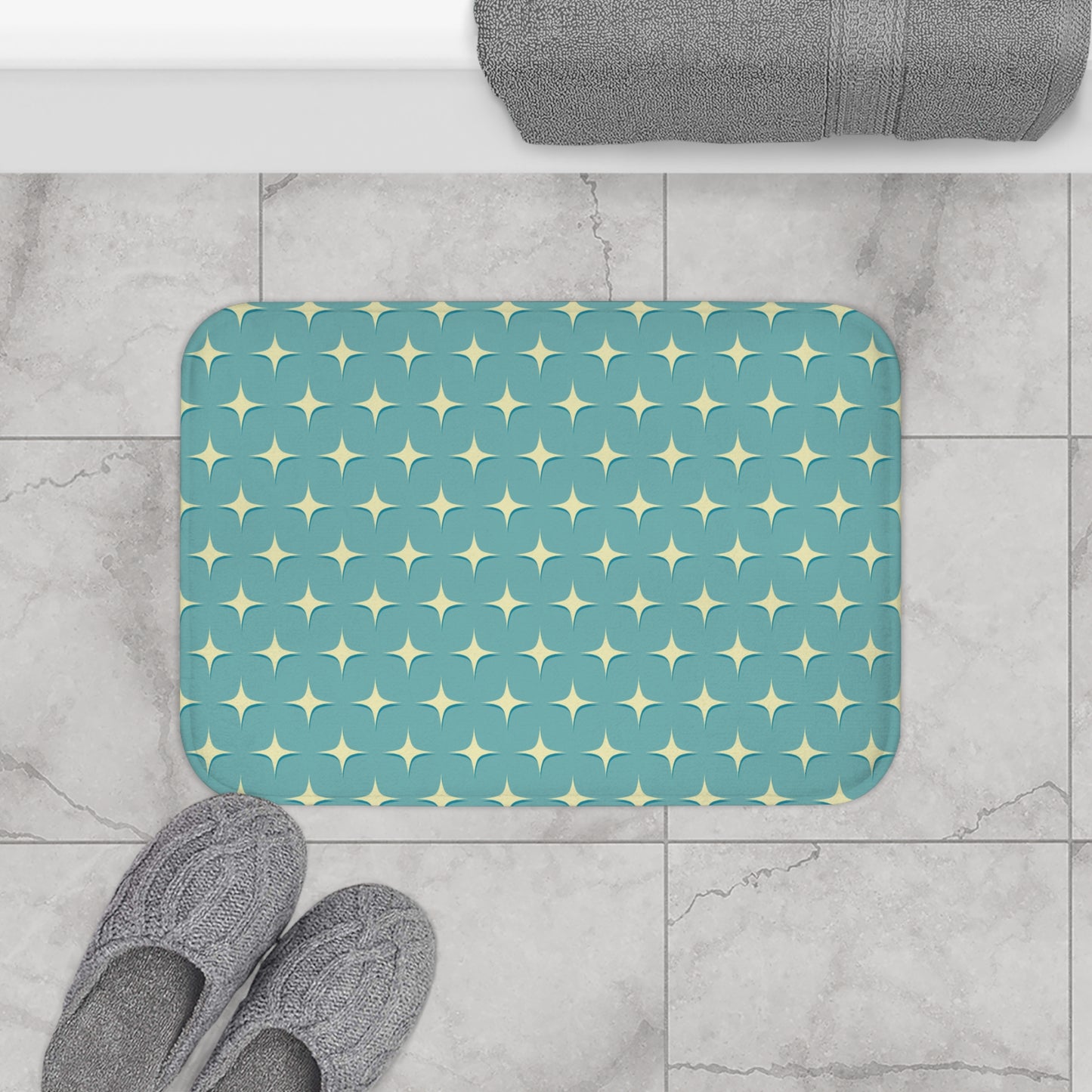 Retro 50s Atomic Starburst Mid Century Mod Blue Bath Mat