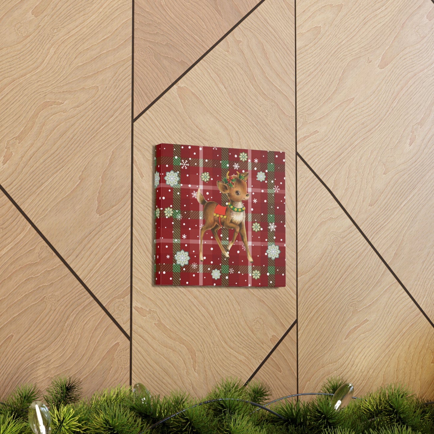 Retro 50's Christmas Vintage Reindeer MCM Red & Green Canvas Gallery Wrap