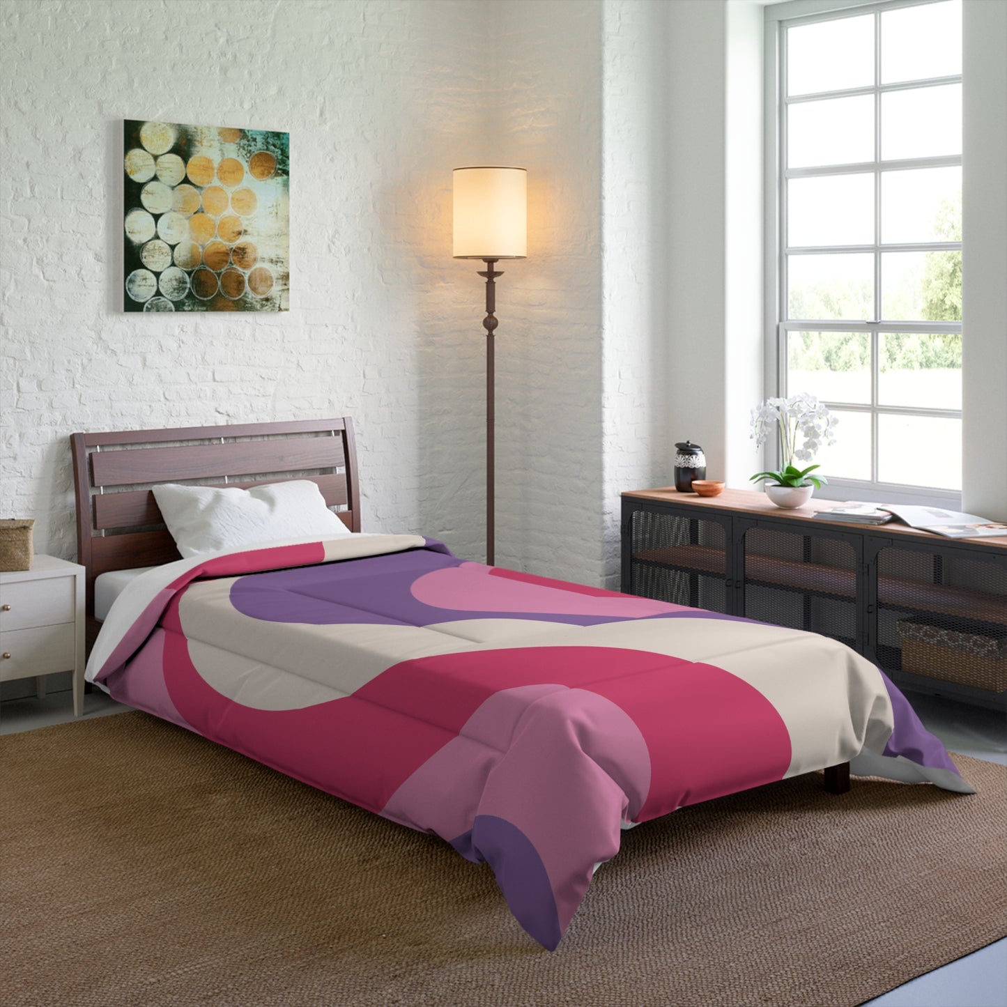 Retro 60s Groovy Hippie Swirl MCM Pink & Purple Comforter