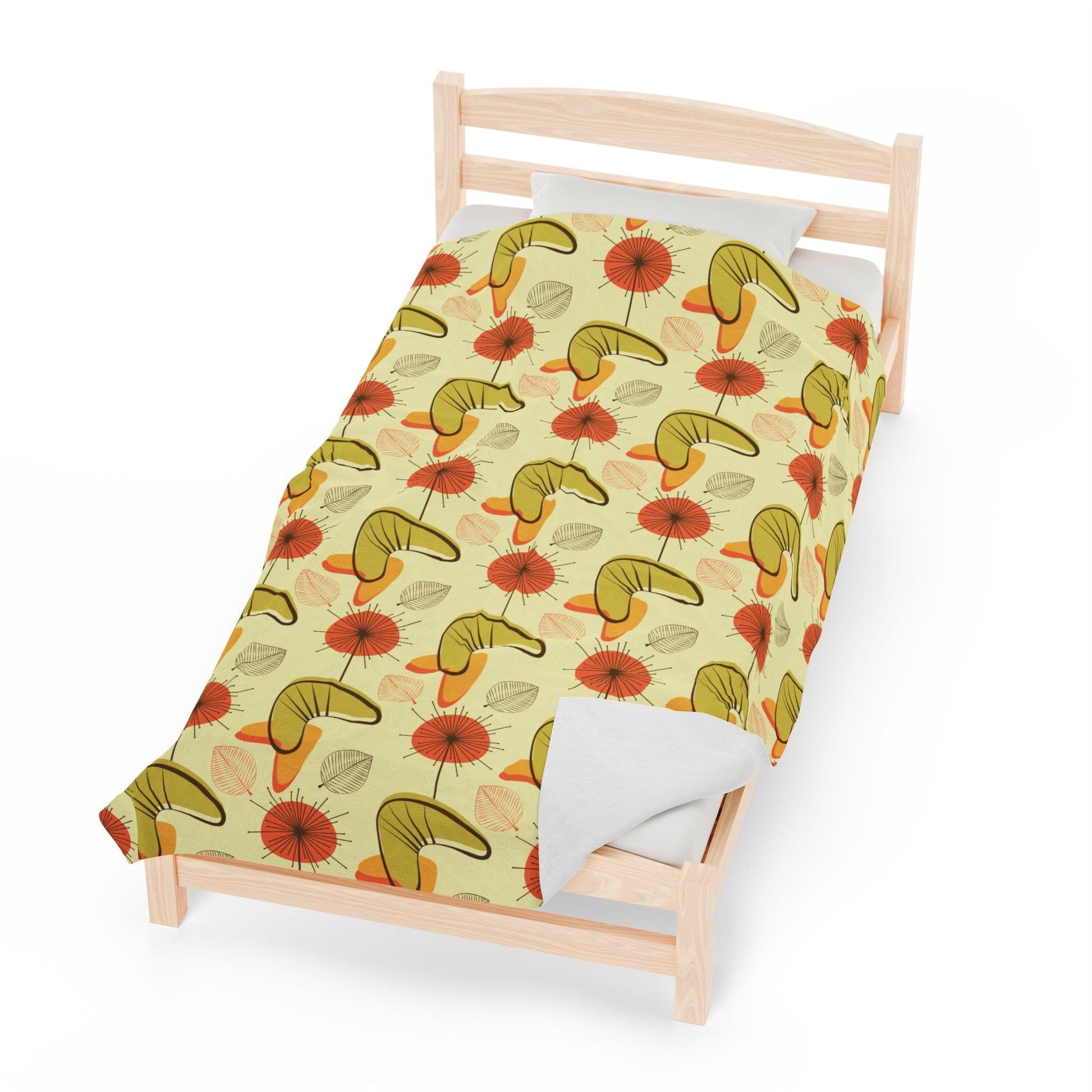 Retro Atomic Boomerangs & Leaves MCM Orange, Green & Yellow Lightweight Velveteen Blanket | lovevisionkarma.com