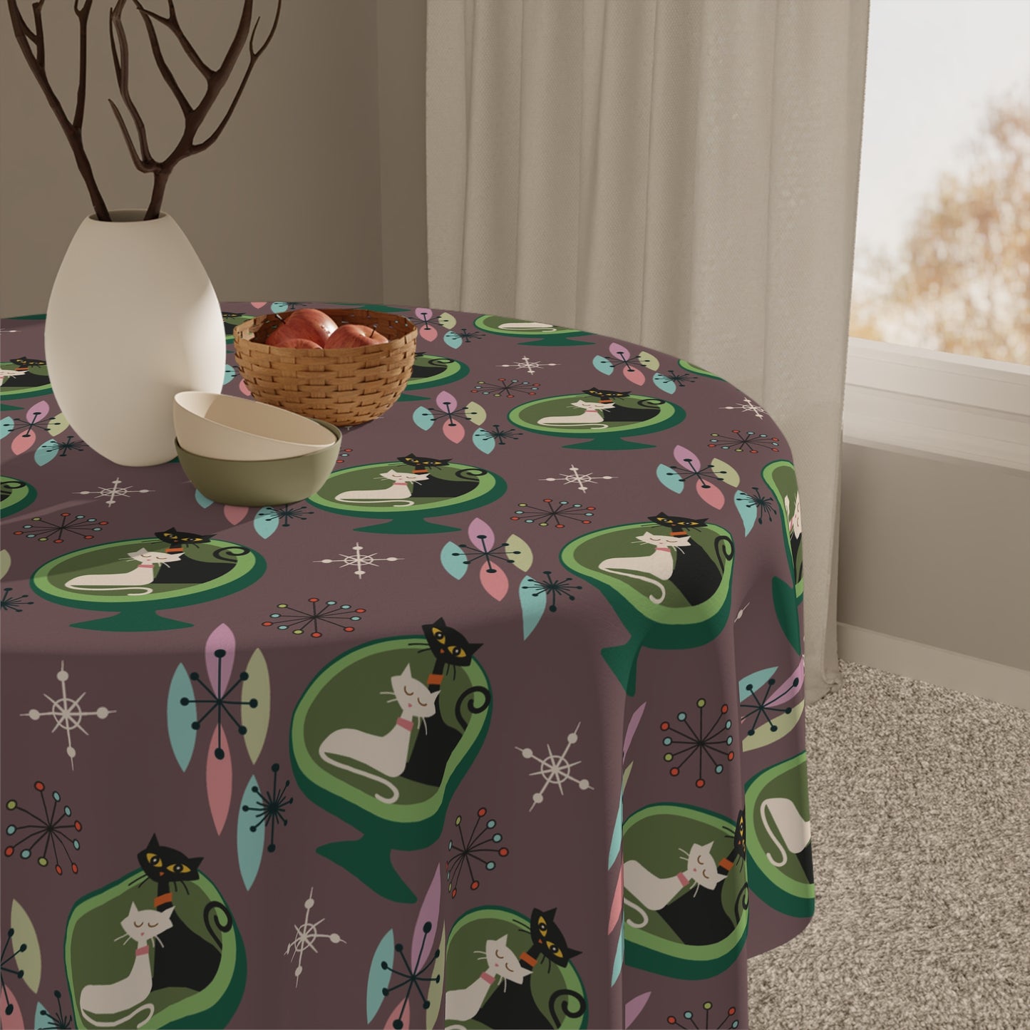 Retro 50s Space Age Atomic Cats in Ball Chair, Mid Century Mod Taupe Tablecloth