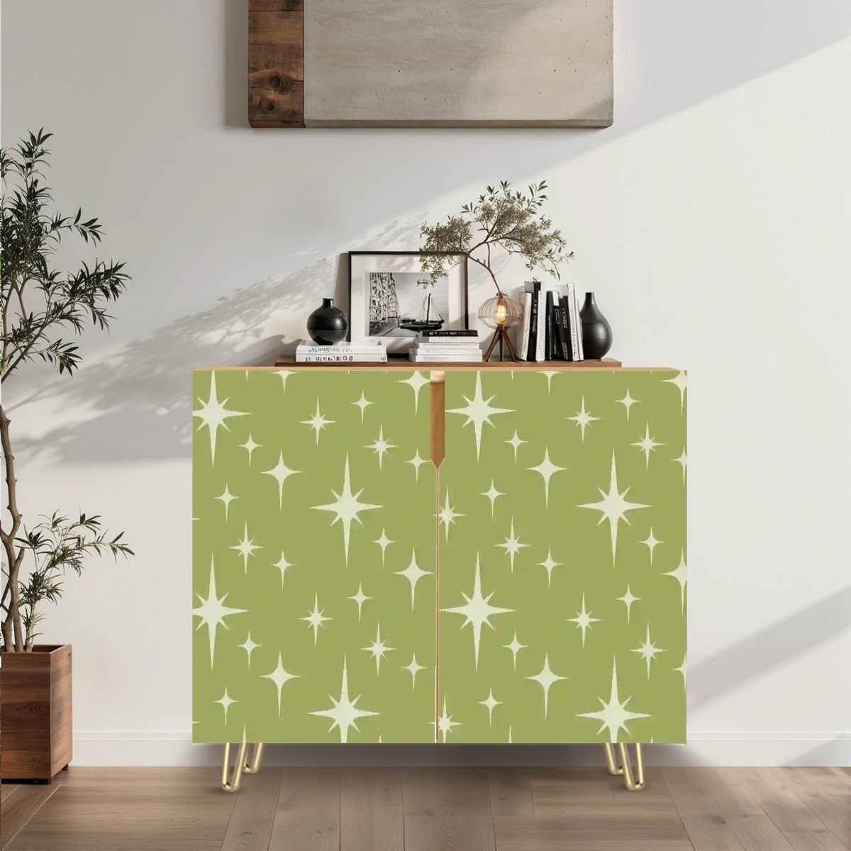 Retro 50s Atomic Starburst Mid Century Modern Chartreuse Green Sideboard, Credenza, Wooden Storage Cabinet