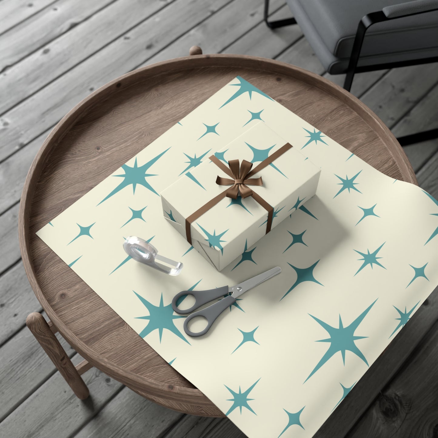 Large Starburst Version of Retro Atomic Starburst MCM Off-White & Blue Gift Wrapping Paper