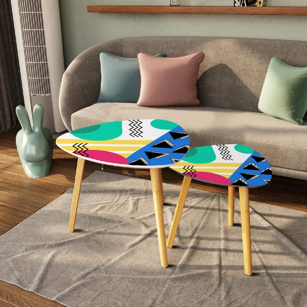 Retro 80's 90's Memphis Inspired Geometric, Kitschy, Throwback Aesthetic Colorful Nesting Accent Tables
