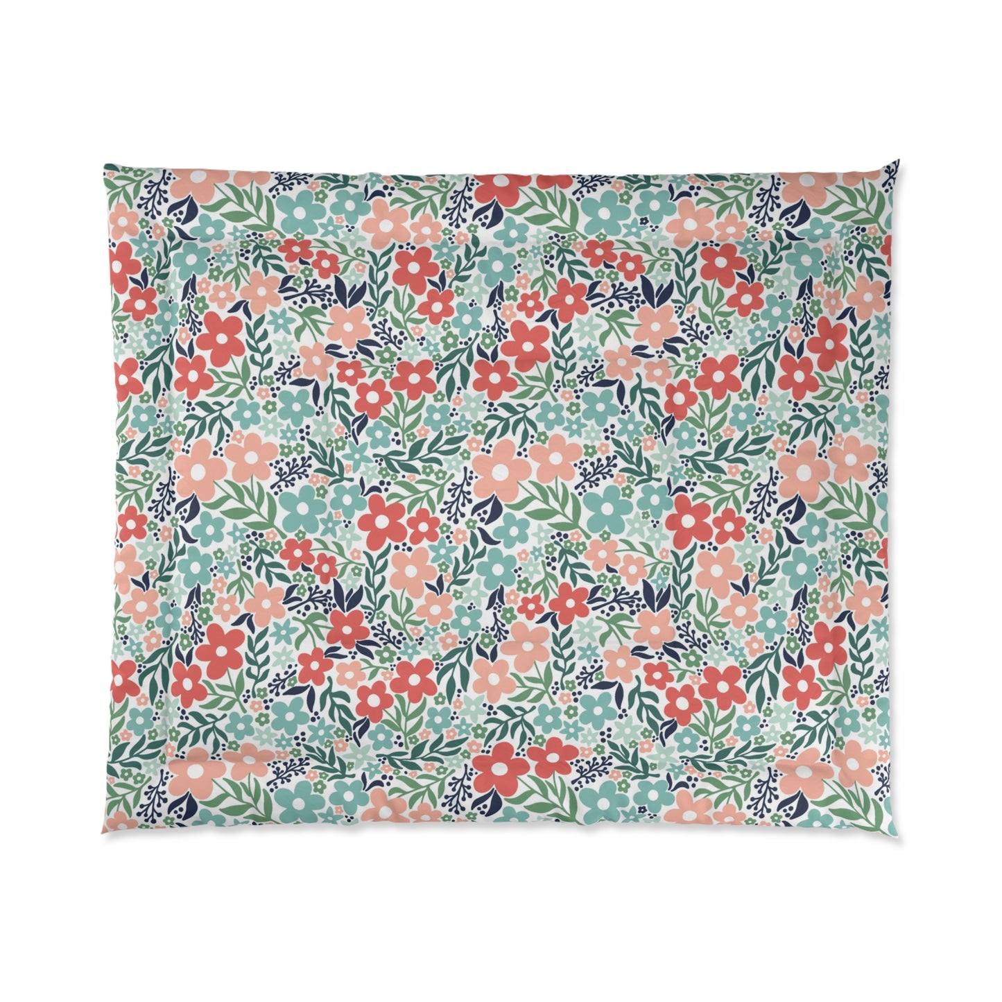 Retro Minimalist Scandi Flowers Cottagecore MCM Vintage Inspired Coral & Teal Comforter