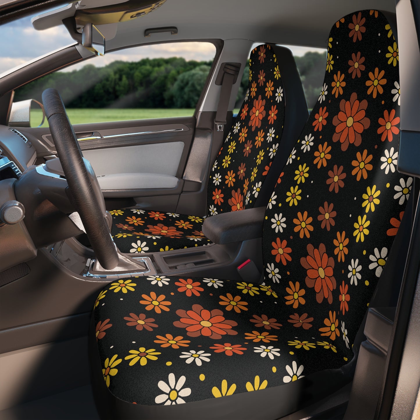 Retro 60s 70s Groovy Mod Daisy Floral Mid Century Black, Brown & Orange Car Seat Covers