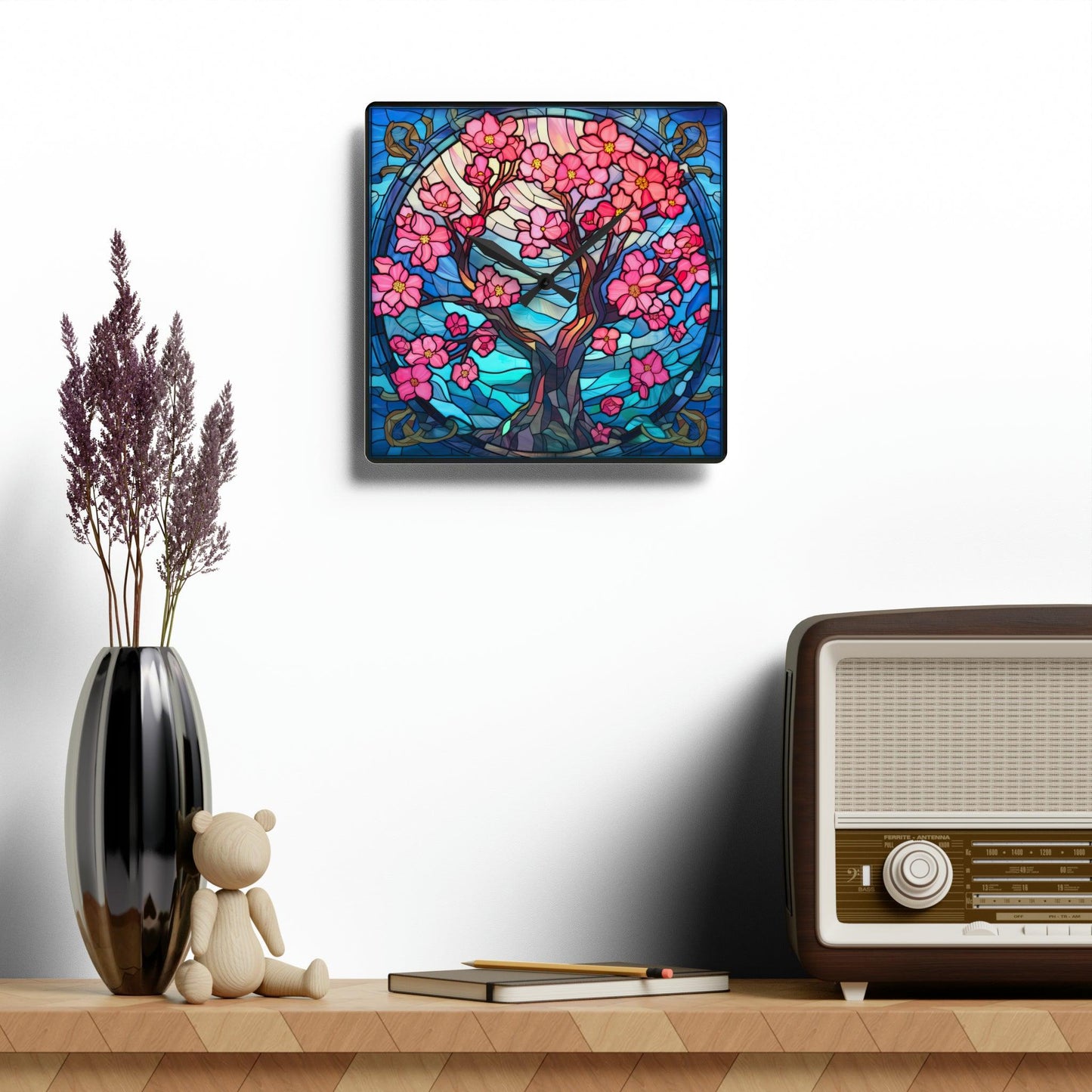 Cherry Blossom Tree Stained Glass Inspired, Sakura Pink & Blue Acrylic Wall Clock | lovevisionkarma.com