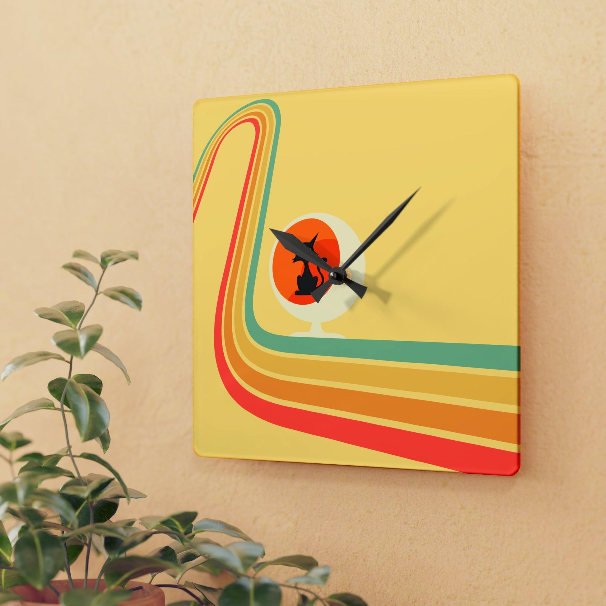 Retro Atomic Cat in Ball Chair, Yellow Mid Century Mod Acrylic Wall Clock | lovevisionkarma.com