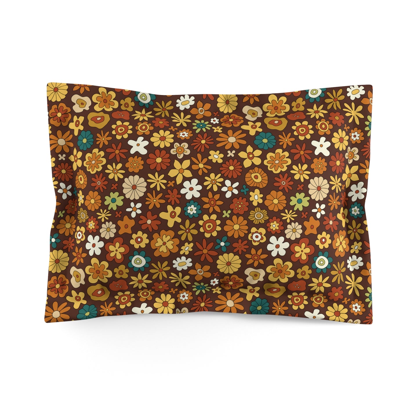 Retro 60s 70s Groovy Floral Mid Century Modern Brown Boho Pillow Sham