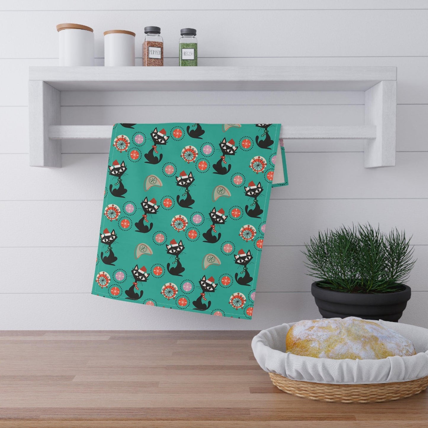 Retro 50s Atomic Cat Christmas Teal Blue Mid Century Modern Kitchen Tea Towel | lovevisionkarma.com