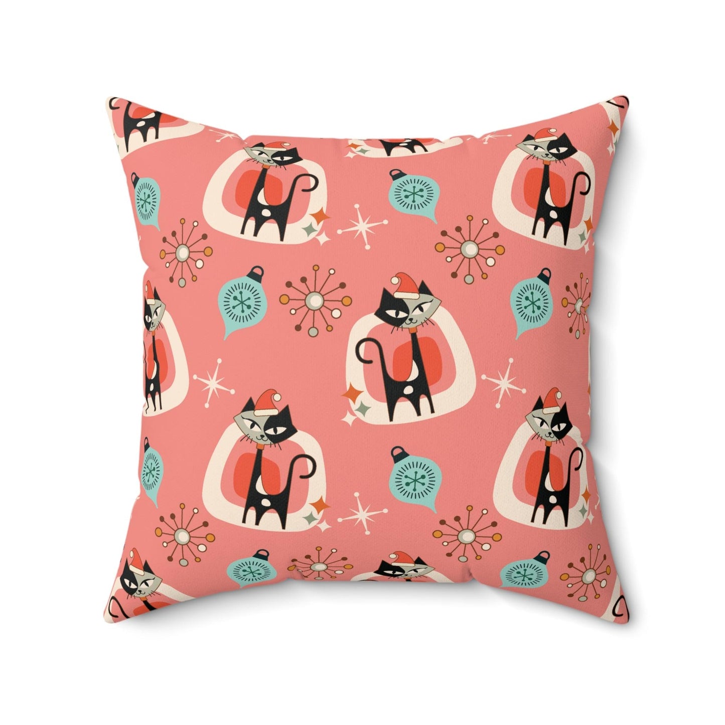 Retro 1950s Christmas Atomic Cats Mid Century Mod Pink Coral Throw Pillow | lovevisionkarma.com
